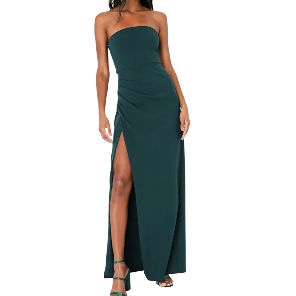 NWT Lulus Foxy Emerald Green Strapless Maxi Dress XS Ruched Side Slit Formal